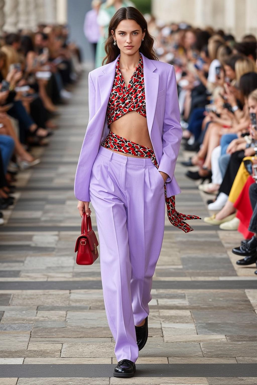 Walking Runway Red Handbag Lavender Suit