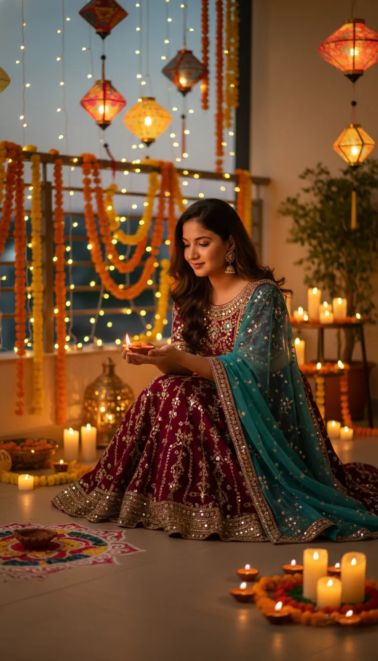 Diwali Celebration Woman With Diya Lamp