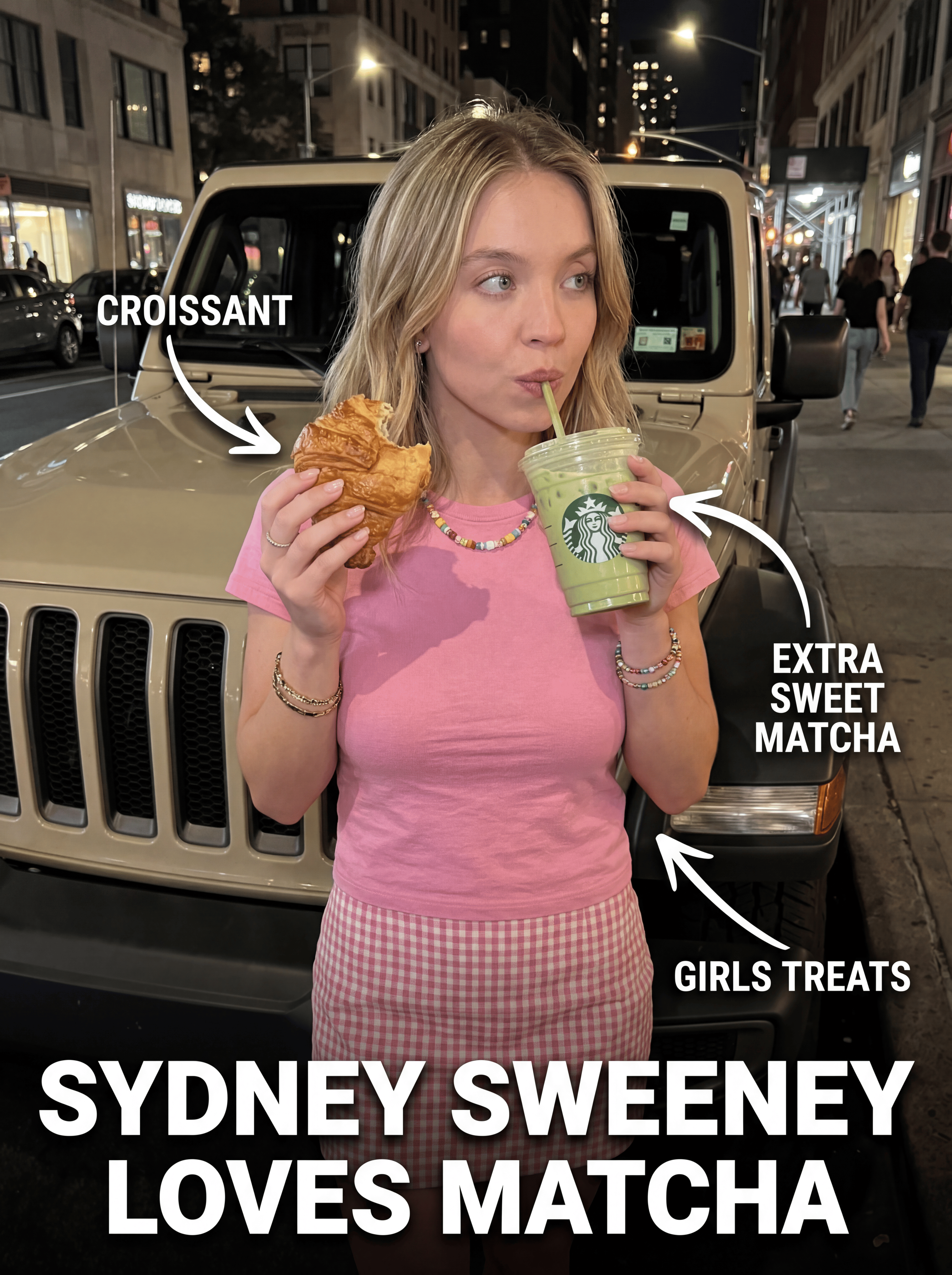 Pink Outfit City Street Night Jeep Matcha Latte