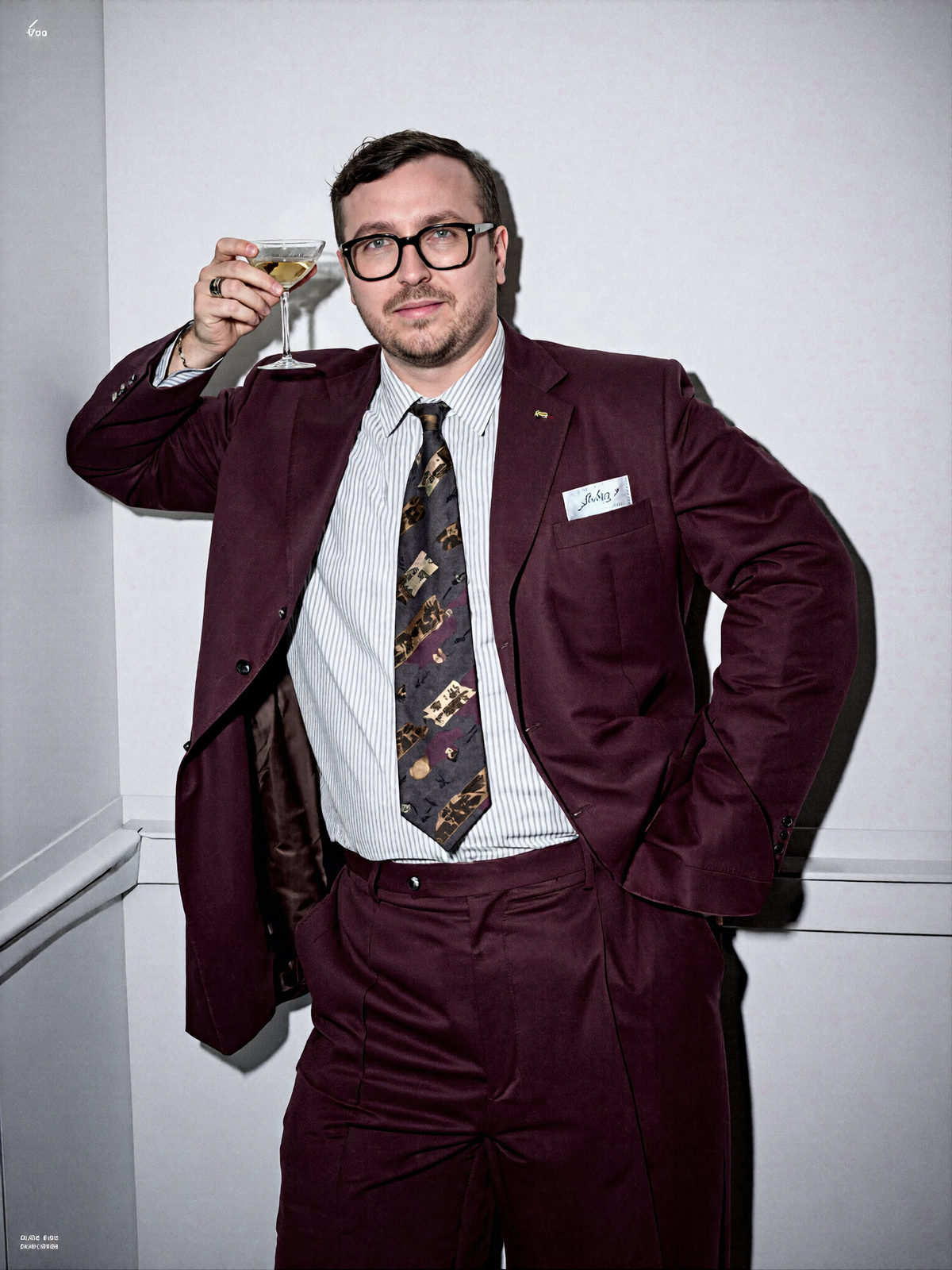 A confident male model in an oversized burgundy suit sipping a cocktail against a minimal wall, showcasing glossy highlights and dramatic shadows.