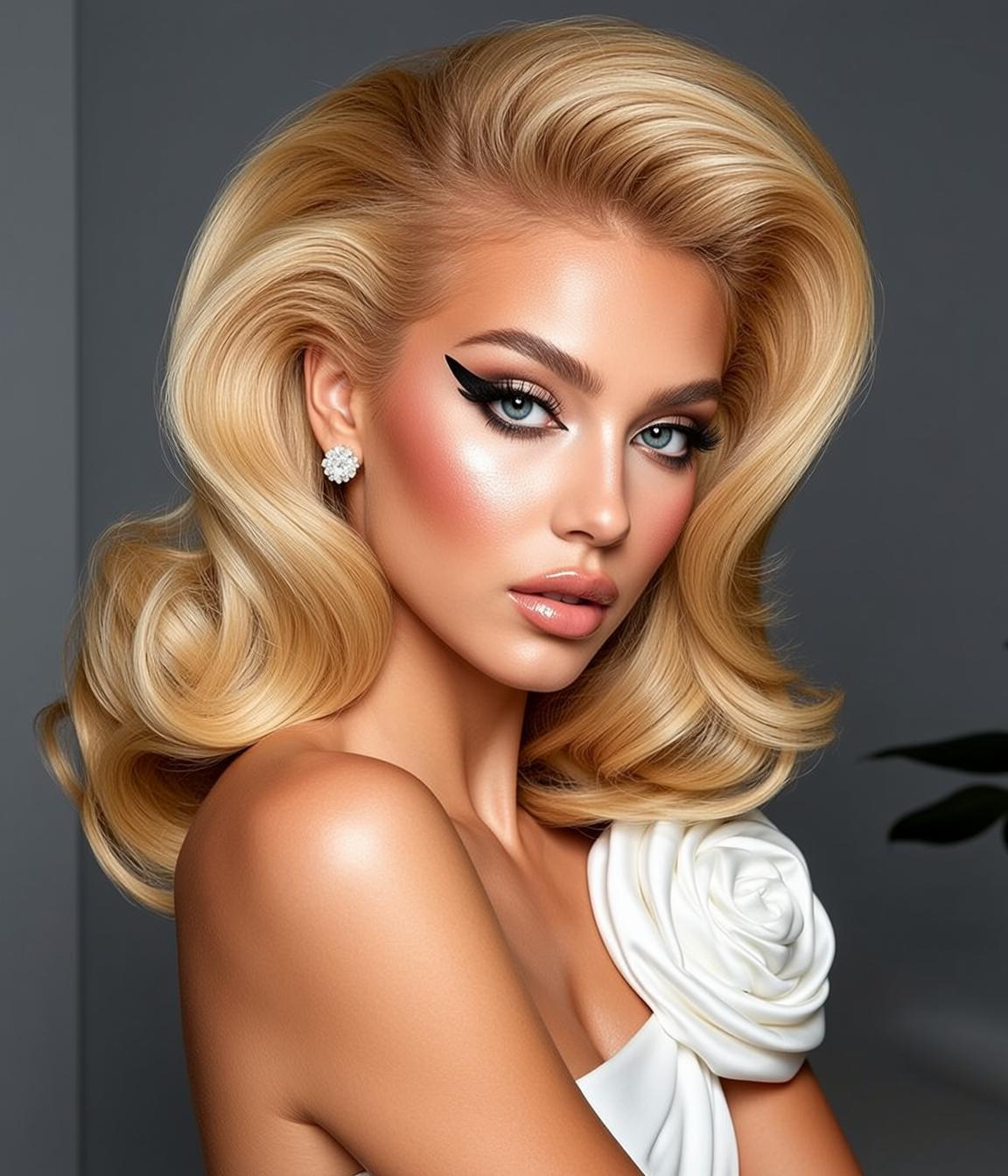 Blonde Woman White Strapless Rose Shoulder Diamond Earrings