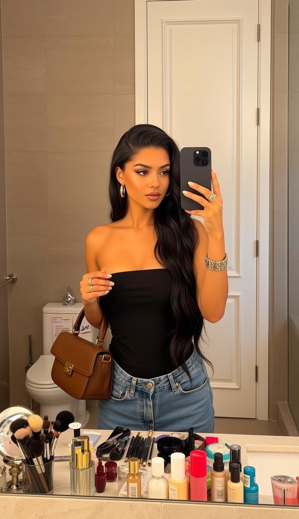 Explore Stands Bathroom Holding Smartphone Her Right