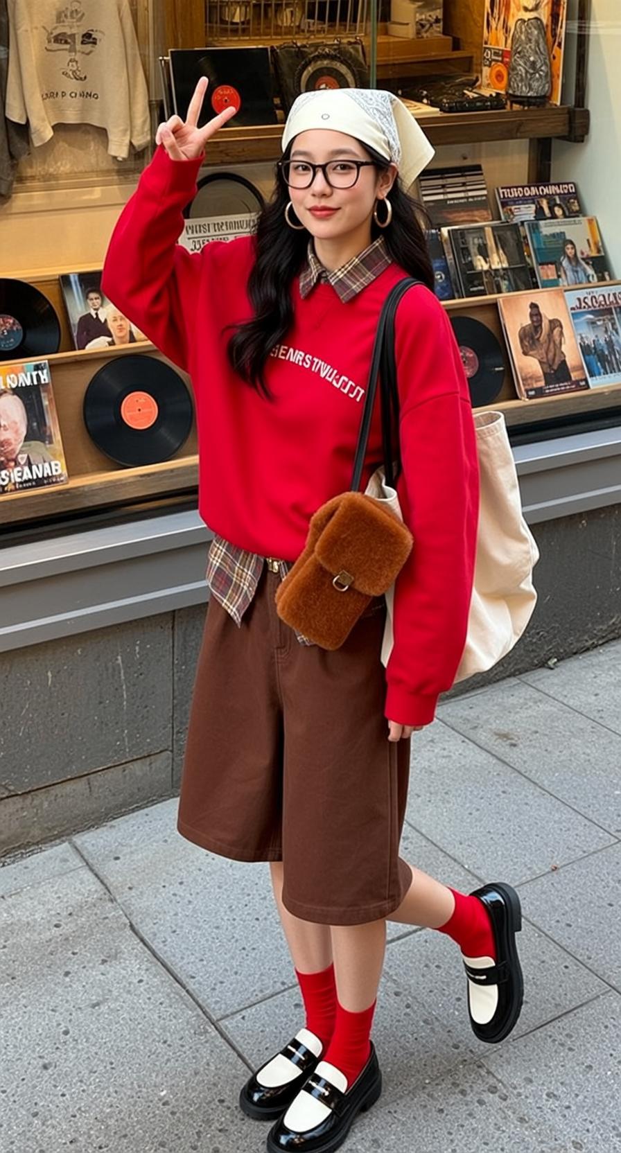 White Sweatshirt Wavy Hair Storefront Standing