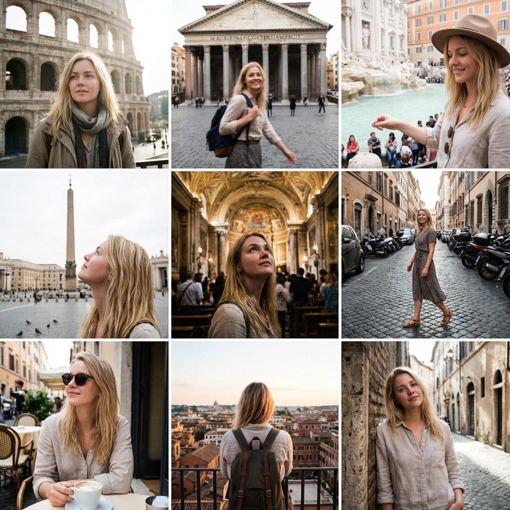 How to make Nano Banana Pro create a realistic 3x3 Rome travel grid with the same woman in every shot? Prompt below!