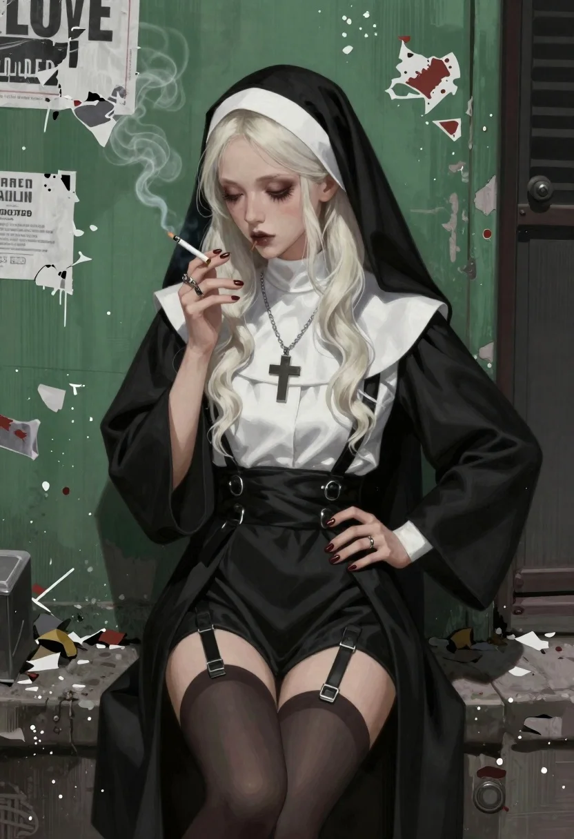 Digital Painting Stylized Nun Urban Alleyway Setting Subject Young Woman reference photo
