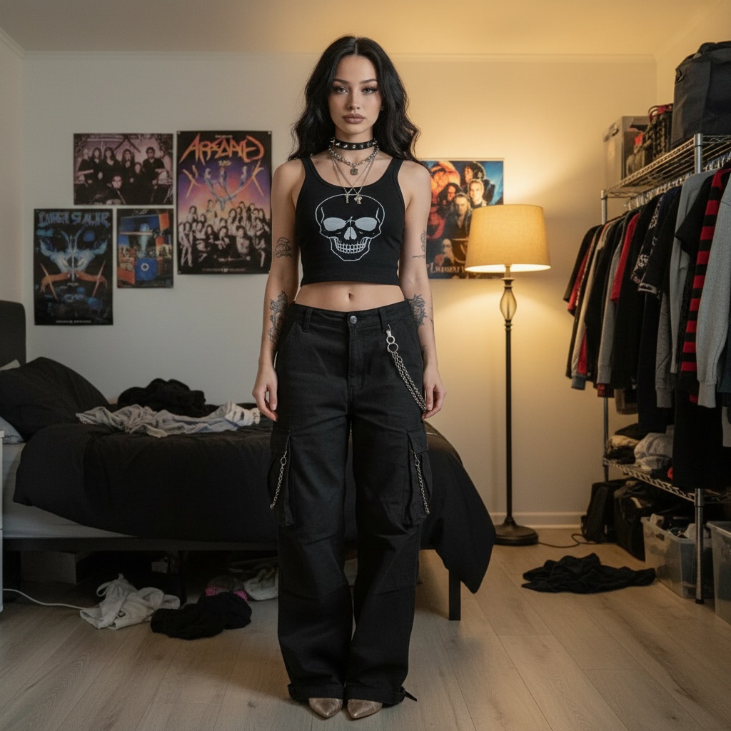 A young woman with dark wavy hair stands in a grunge-style bedroom, wearing a black cropped tank top and black cargo pants, holding a guitar.