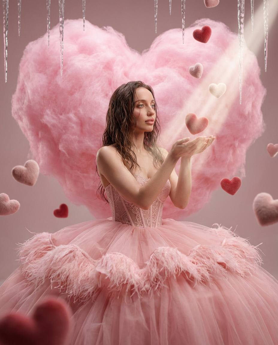 A girl in a fluffy pink dress with a lace corset sits amidst a heart-shaped cloud, glittering icicles hang above, soft pink and cream palette.