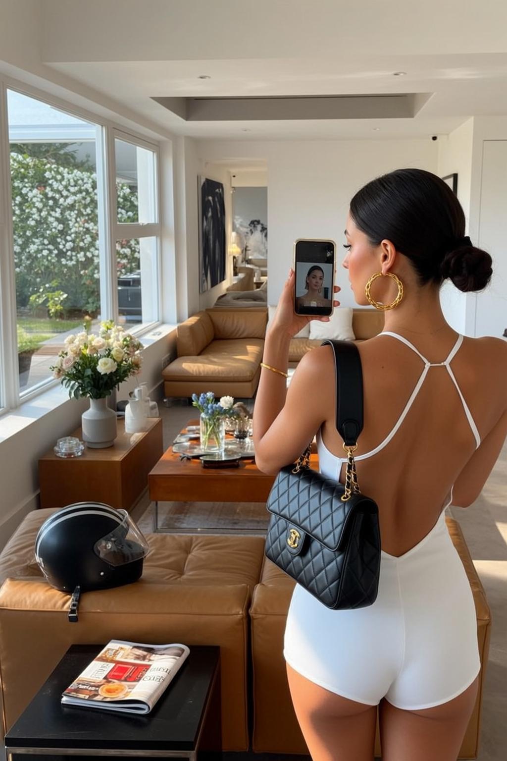 Explore Stands Her Back Holding Smartphone Right