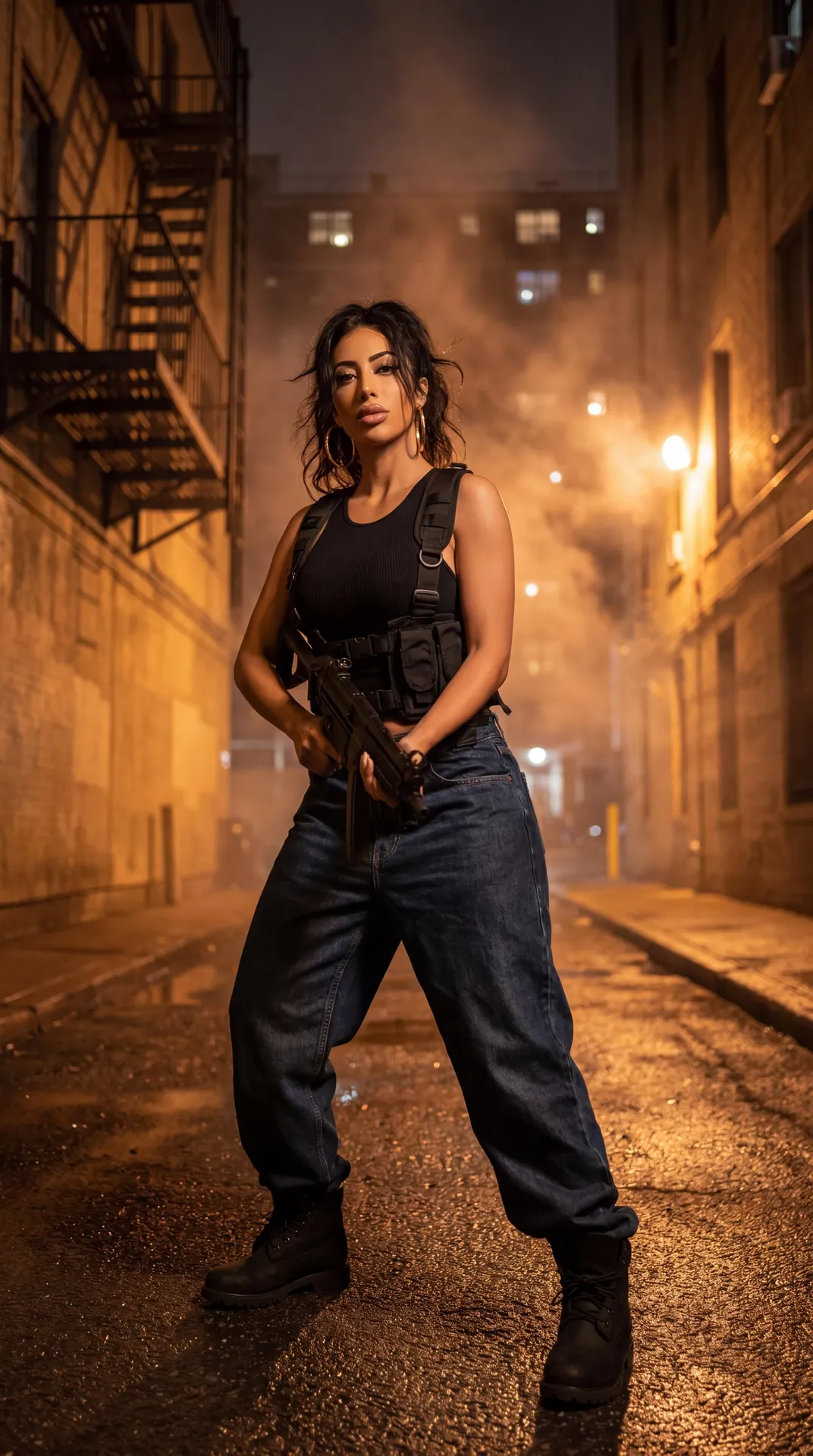 Wet Urban Alley Night Tactical Stance Submachine Gun
