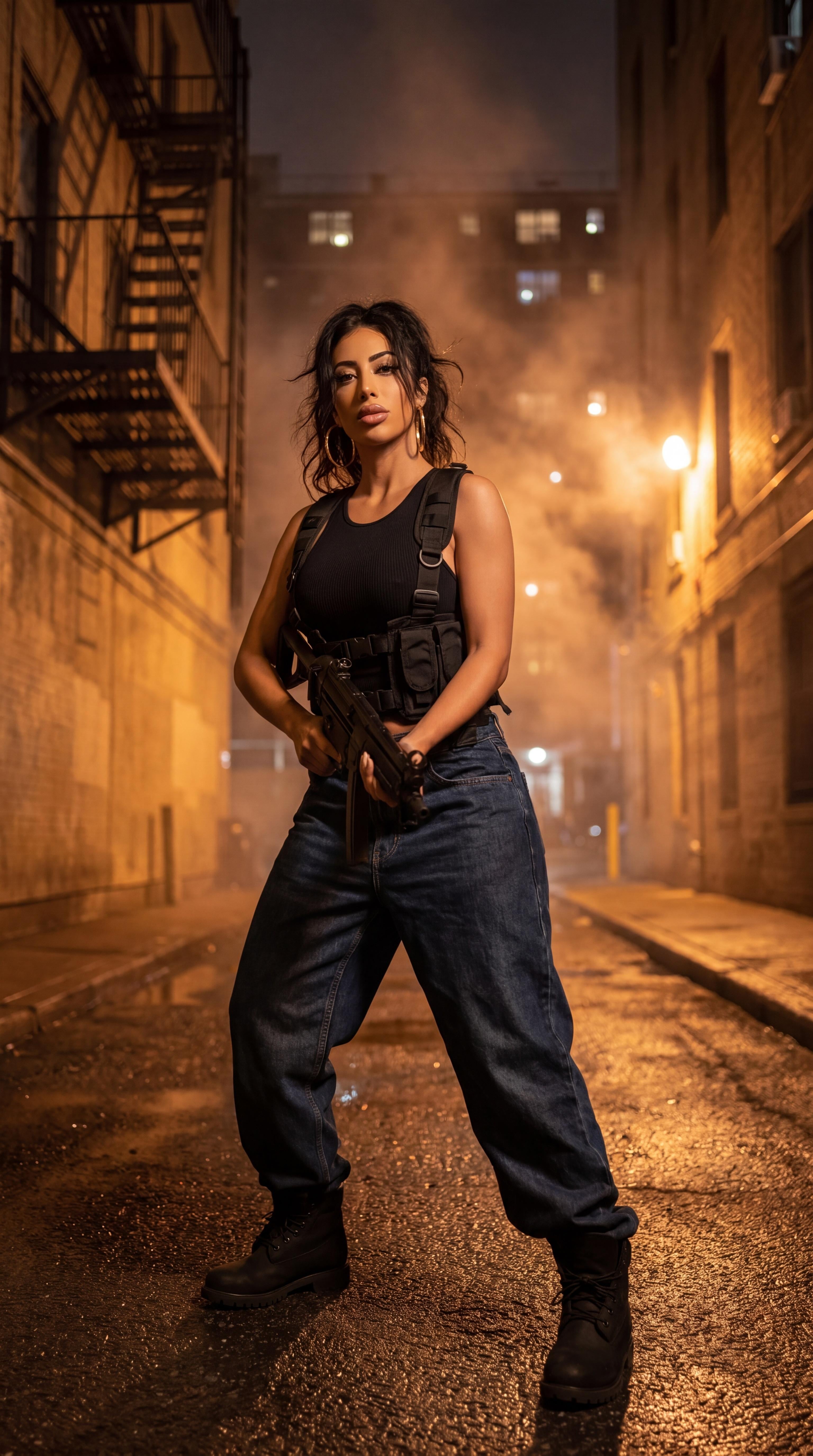 Wet Urban Alley Night Tactical Stance Submachine Gun