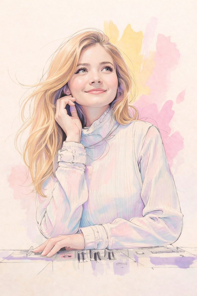 Pastel Watercolor Illustration Young Woman Smiling Thoughtful Pose