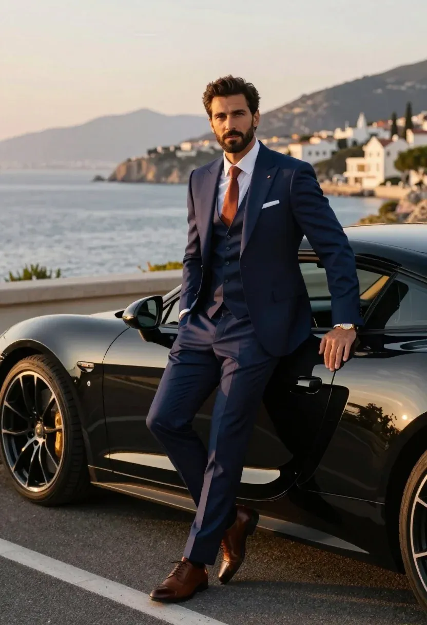 Handsome Man Sharp Navy Three-piece Suit Leans Casually Against Sleek