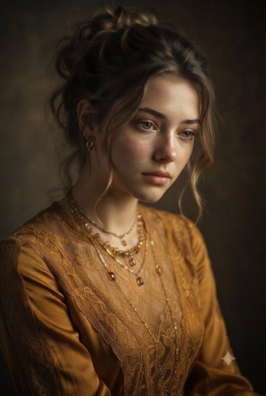 A woman in a vintage mustard-yellow dress with lace, posed thoughtfully under dramatic Rembrandt lighting against a dark backdrop.