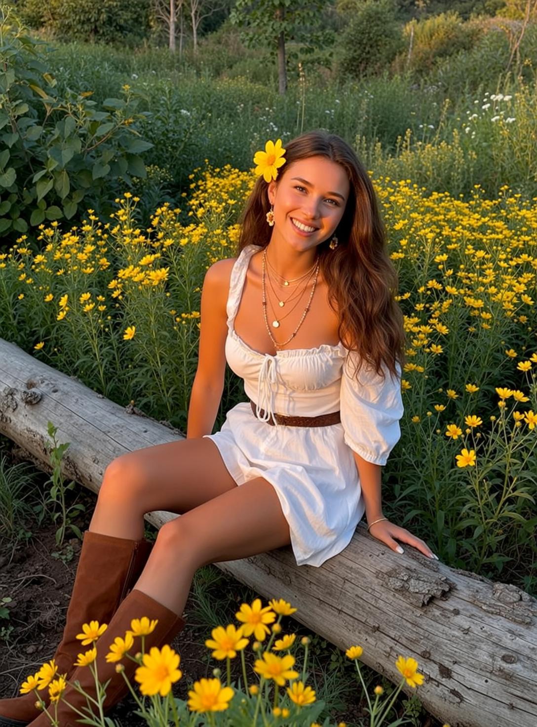 Cowgirl Young Sitting Large Fallen Log Field