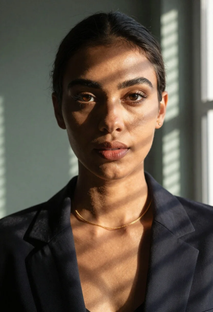 Close-up Portrait Woman With Warm Skin Tones And Expressive Eyes reference photo