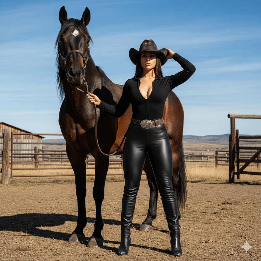 Cowboy Hat And Leather Pants With Horse In Corral