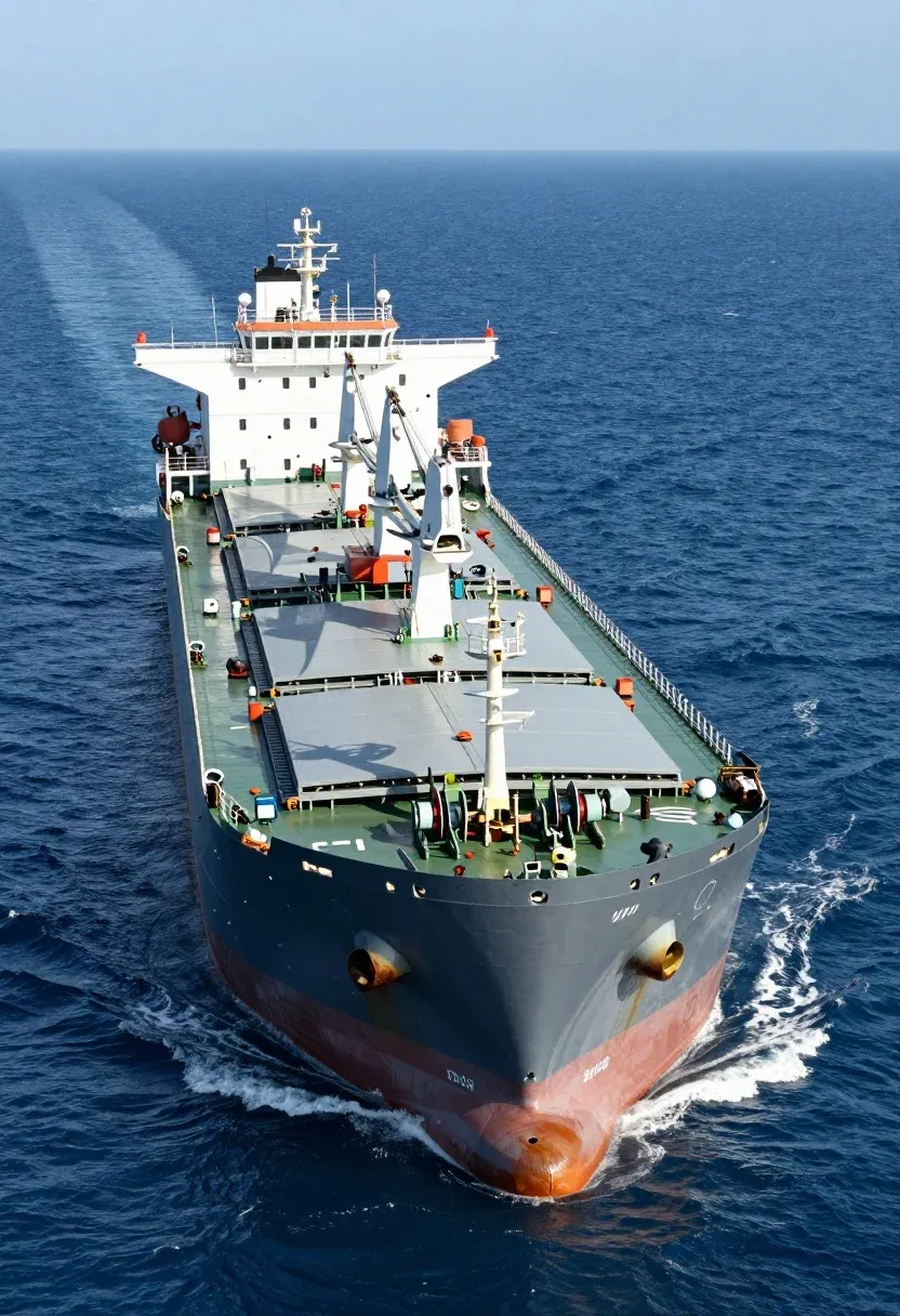 Massive Cargo Ship Floats Deep Blue Ocean Waters Under Clear