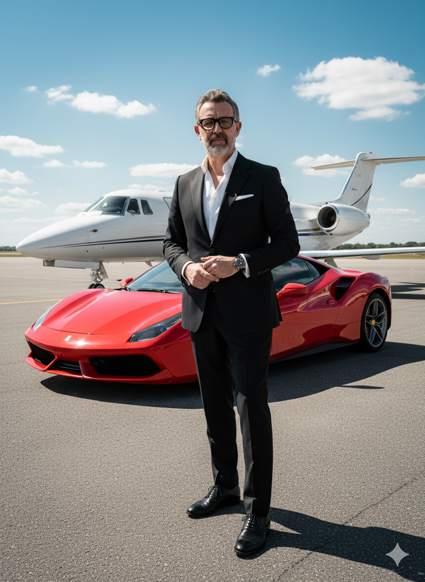 A confident man in a tailored black suit stands beside a red sports car, with a white private jet in the background under a bright blue sky.