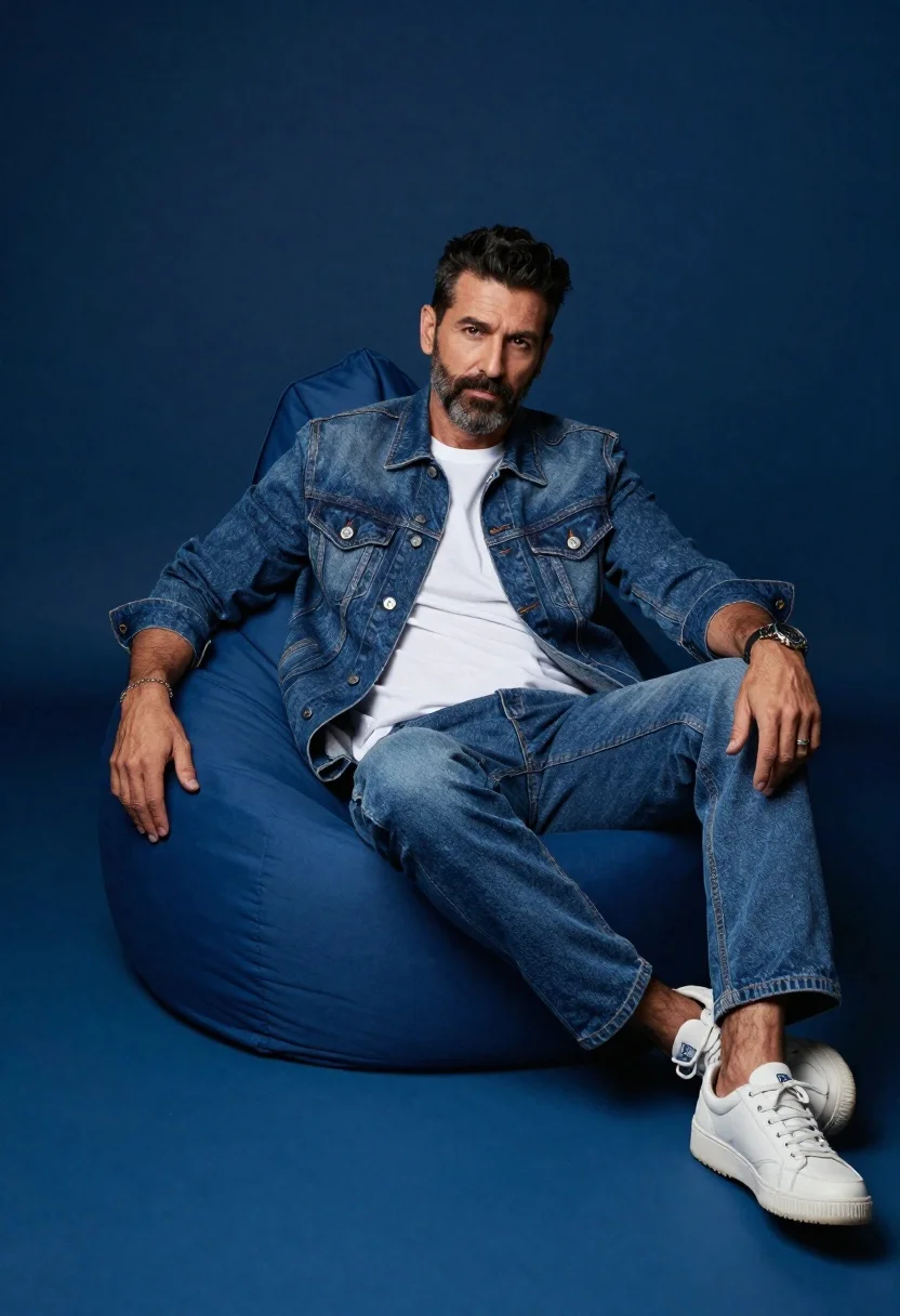 Studio Portrait Stylish Man Sitting Plush Blue Bean Bag Subject reference photo