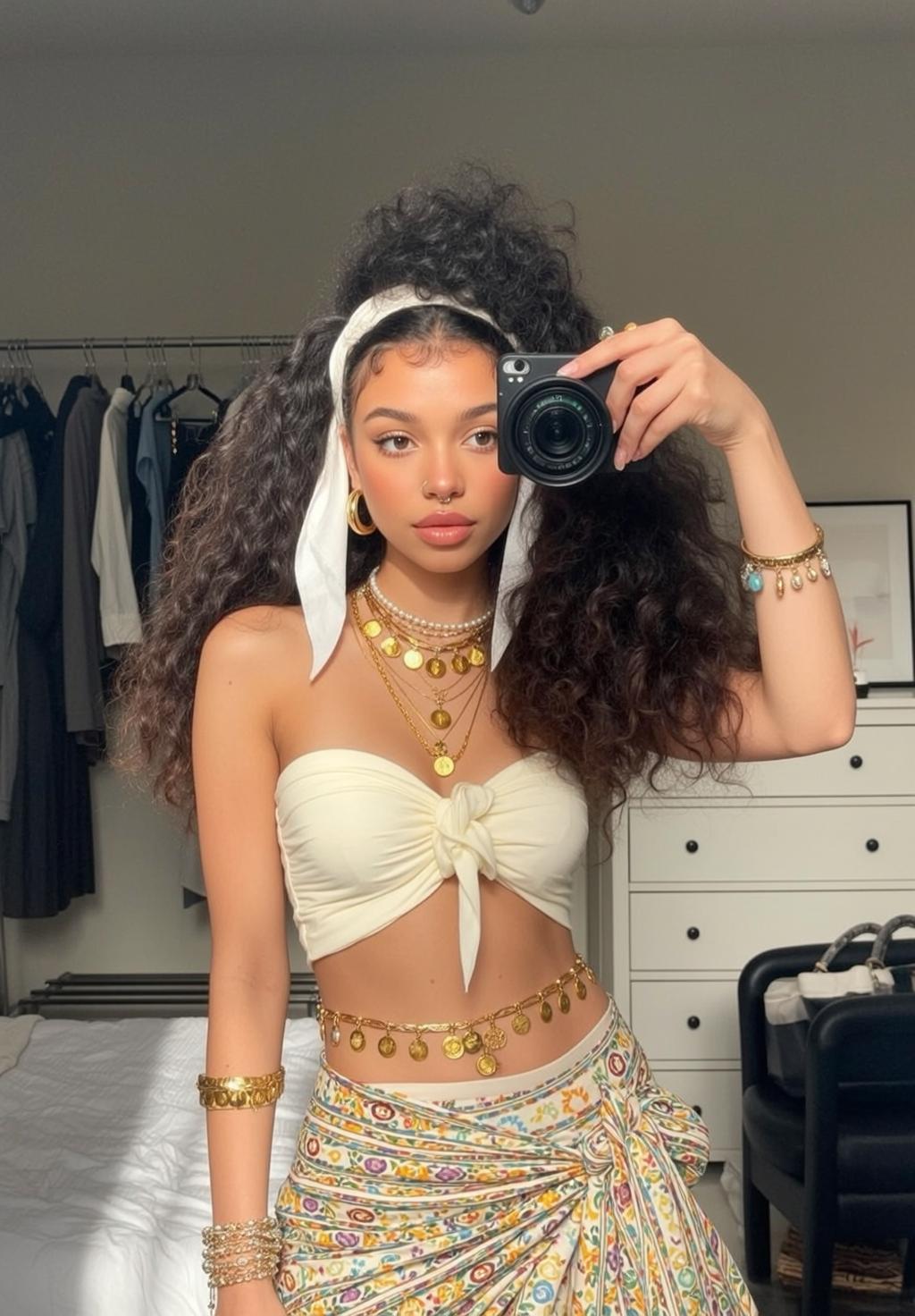 White Bandana Tube Top Patterned Skirt Gold Jewelry