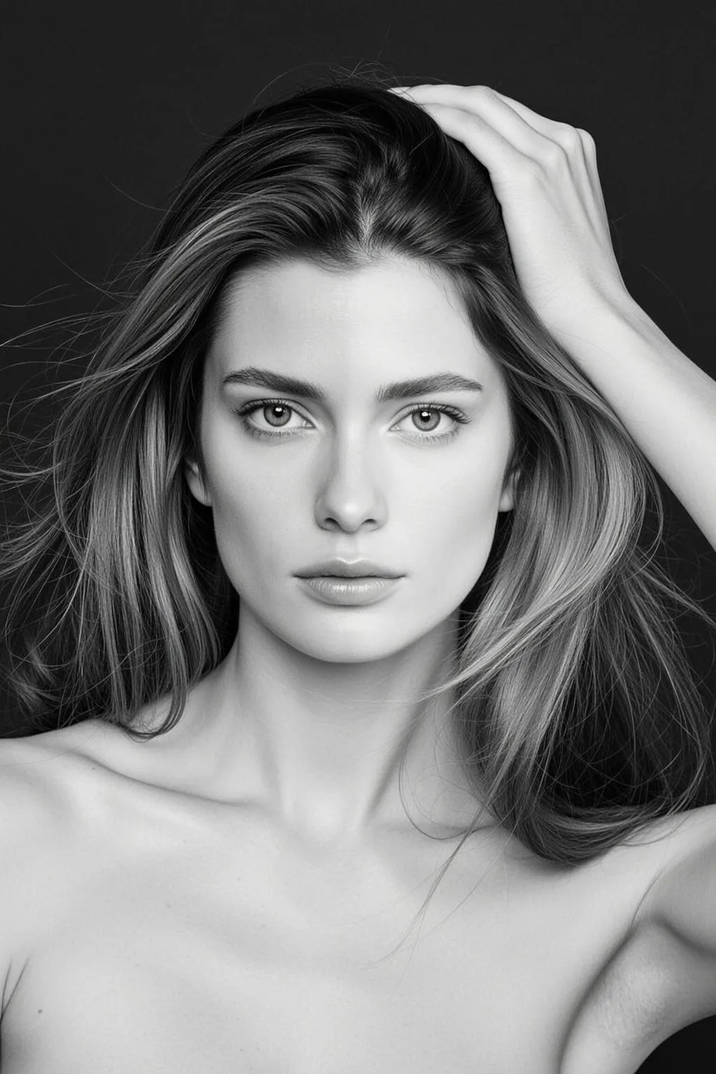 Black And White Medium Close-up Portrait Young Woman With Fair