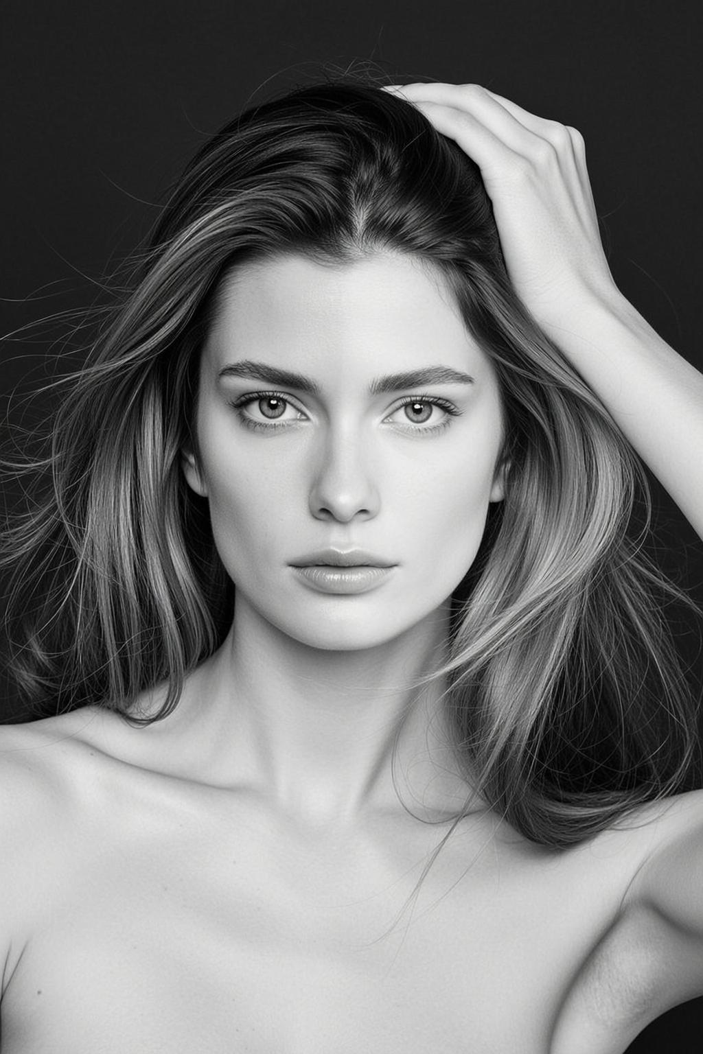 Black And White Medium Close-up Portrait Young Woman With Fair