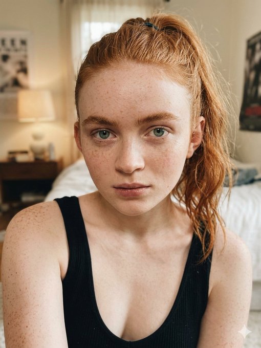 A woman kneeling on a shag rug in a messy bedroom, looking up at the camera with a relaxed expression.