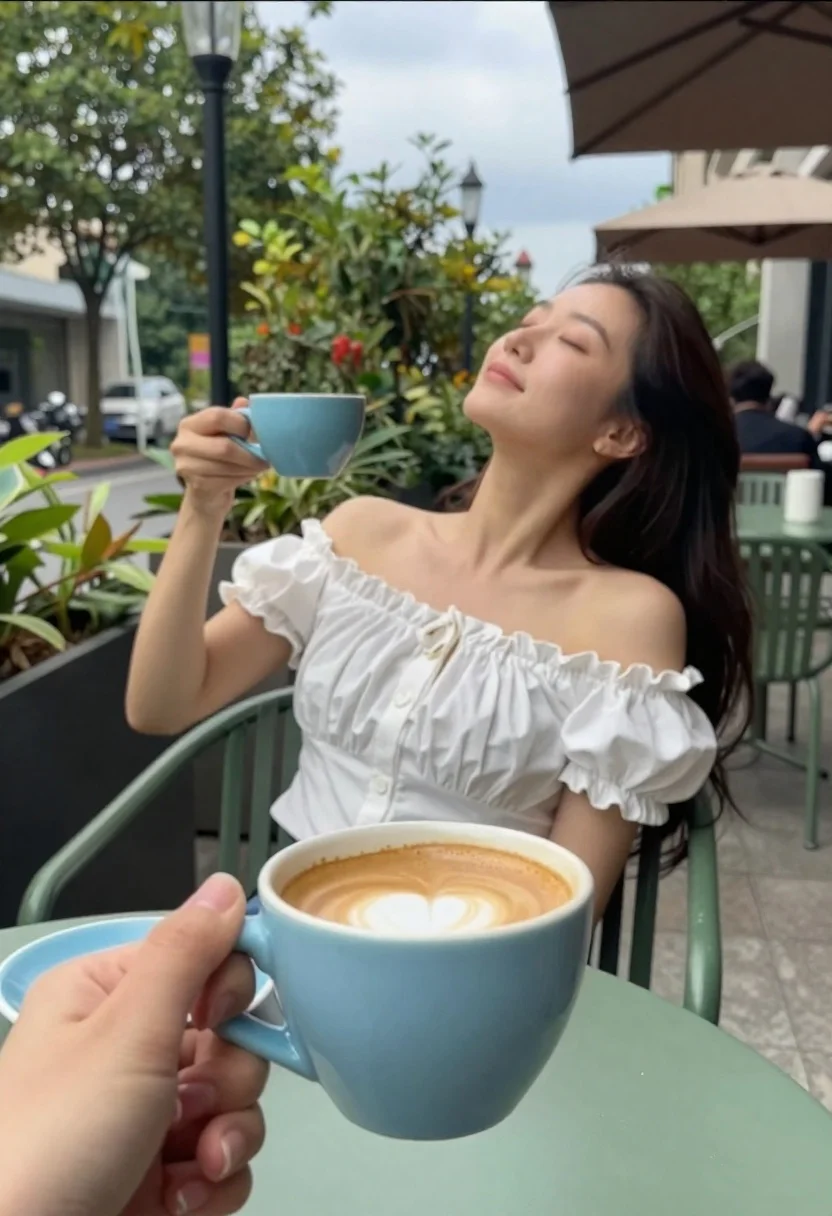 First-person Perspective Shot Hand Holding Light Blue Coffee Cup With reference photo
