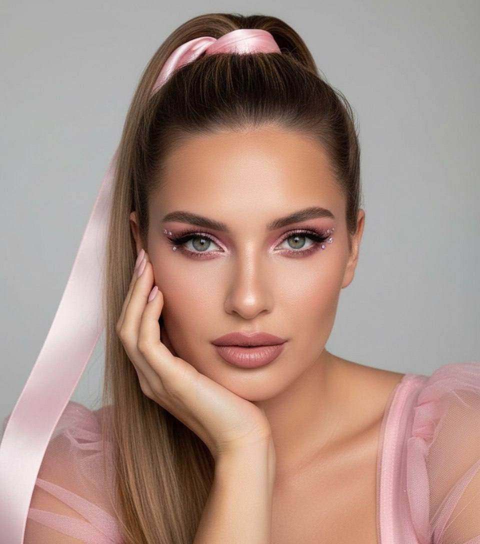 A girl with long hair in a high ponytail, adorned with a pink ribbon, resting her cheek on her palm, showcasing glam makeup and neutral background.