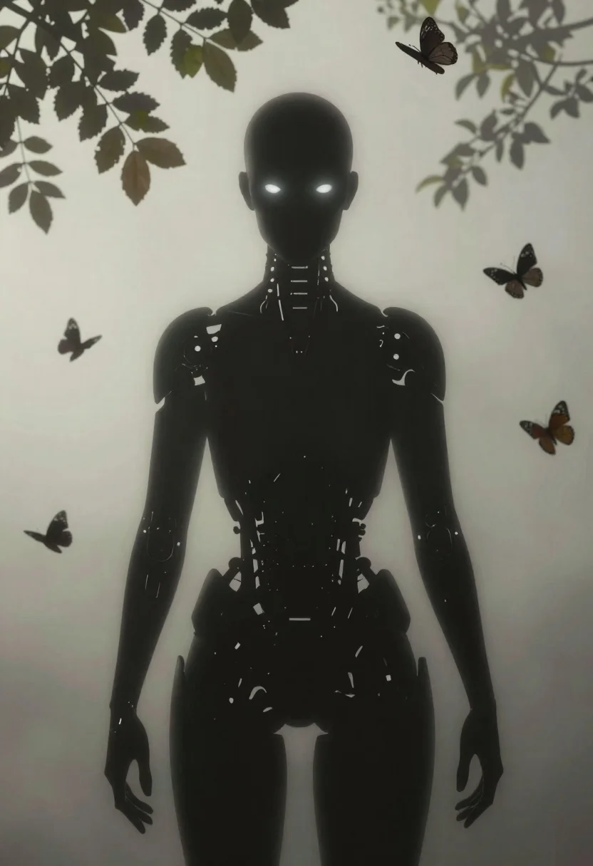 Subject Dark Silhouette Humanoid Figure With Glowing White Eyes And reference photo