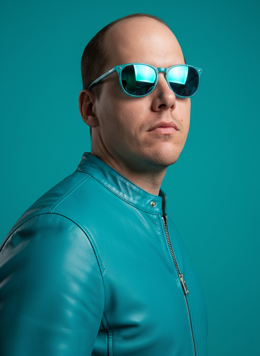 A confident individual in a turquoise leather jacket with sunglasses, posing in a modern studio with soft lighting and a monochromatic background.