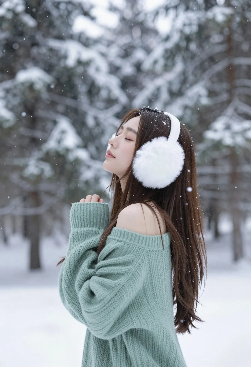 Serene Woman Stands Snowy Forest With Her Eyes Closed Wearing