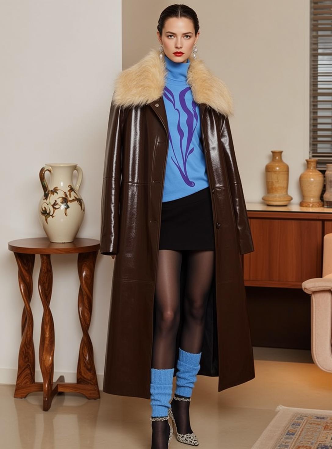Blue Turtleneck Black Skirt Fur Coat Studio