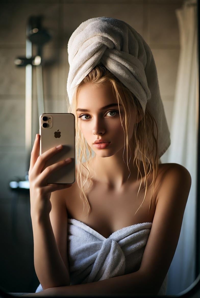 A close-up mirror selfie of a person with wet hair, wrapped in white towels, capturing their reflection in a chic modern bathroom.