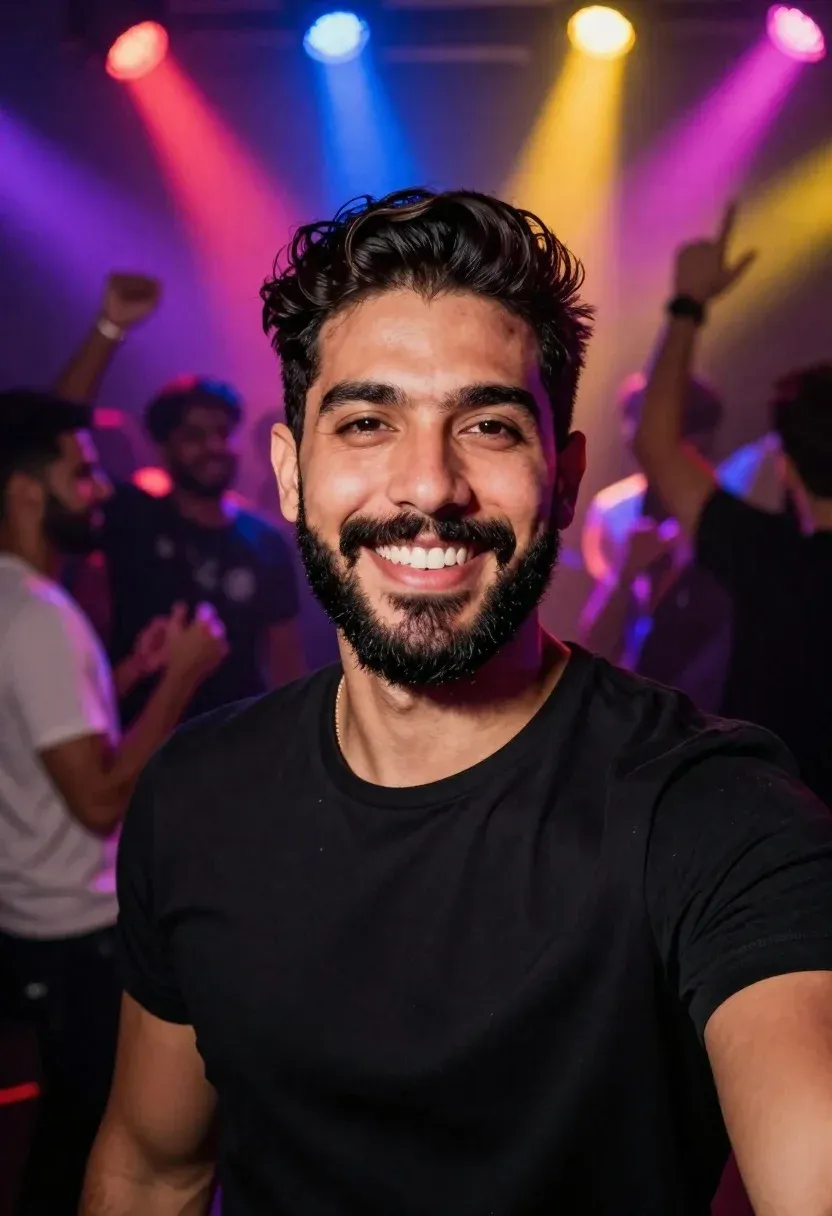 Vibrant Nightclub Selfie Featuring Smiling Man With Dark Hair And