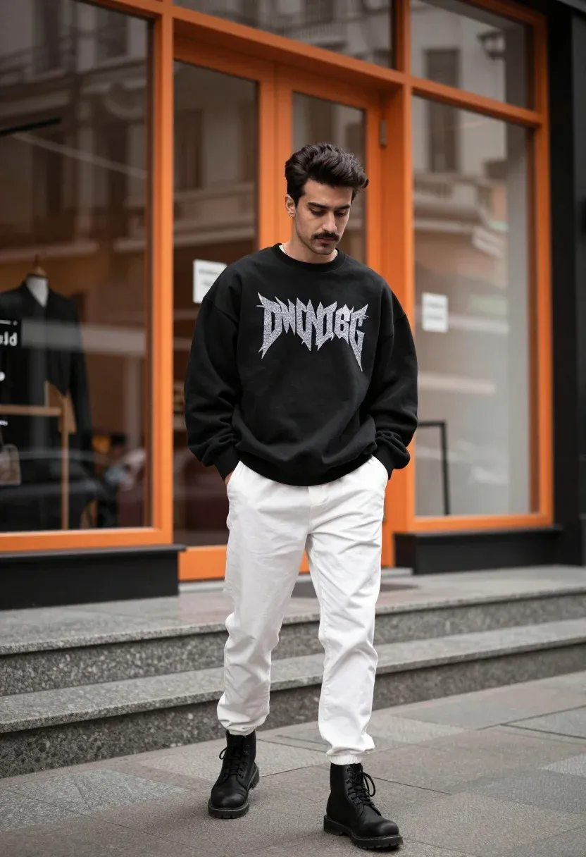 Stylish Man Stands Confidently City Sidewalk Front Modern Storefront With