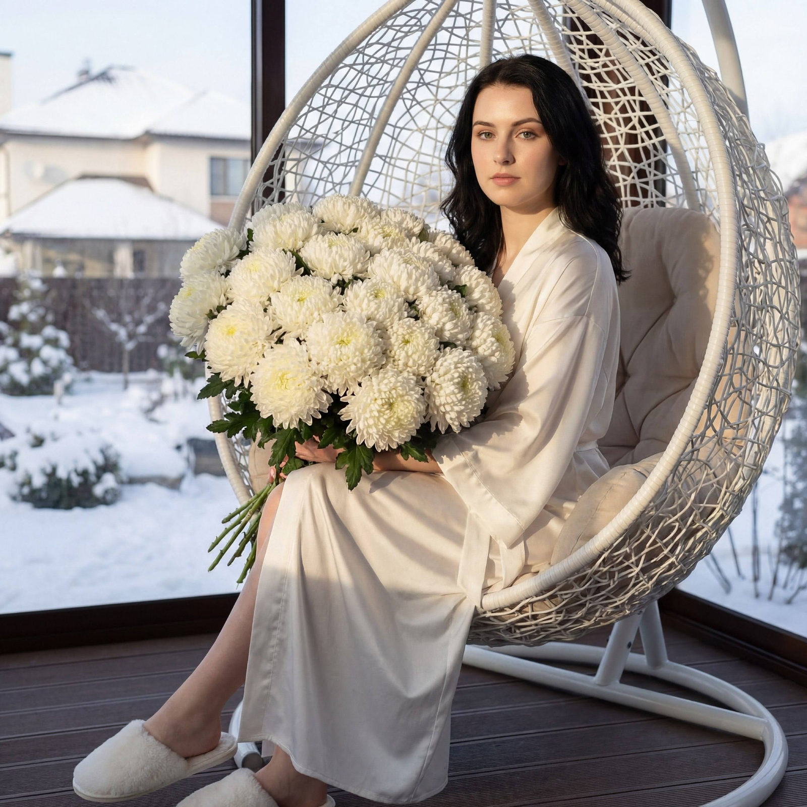 A woman in a silk kimono robe seated in a cocoon chair on a winter veranda, holding a large bouquet of chrysanthemums with soft glam makeup.