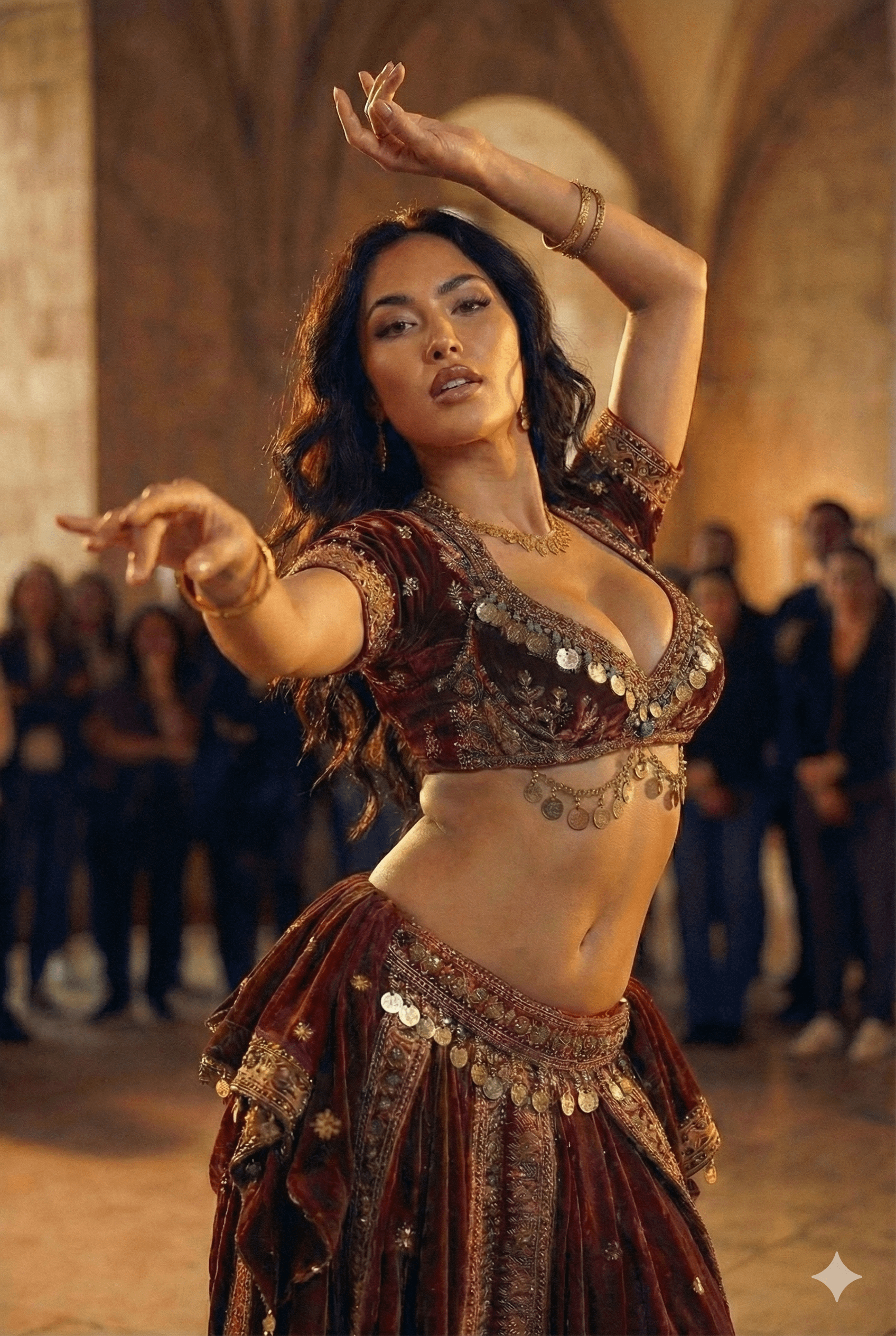 Belly Dancer In Gold Embroidered Outfit Dimly Lit Hall