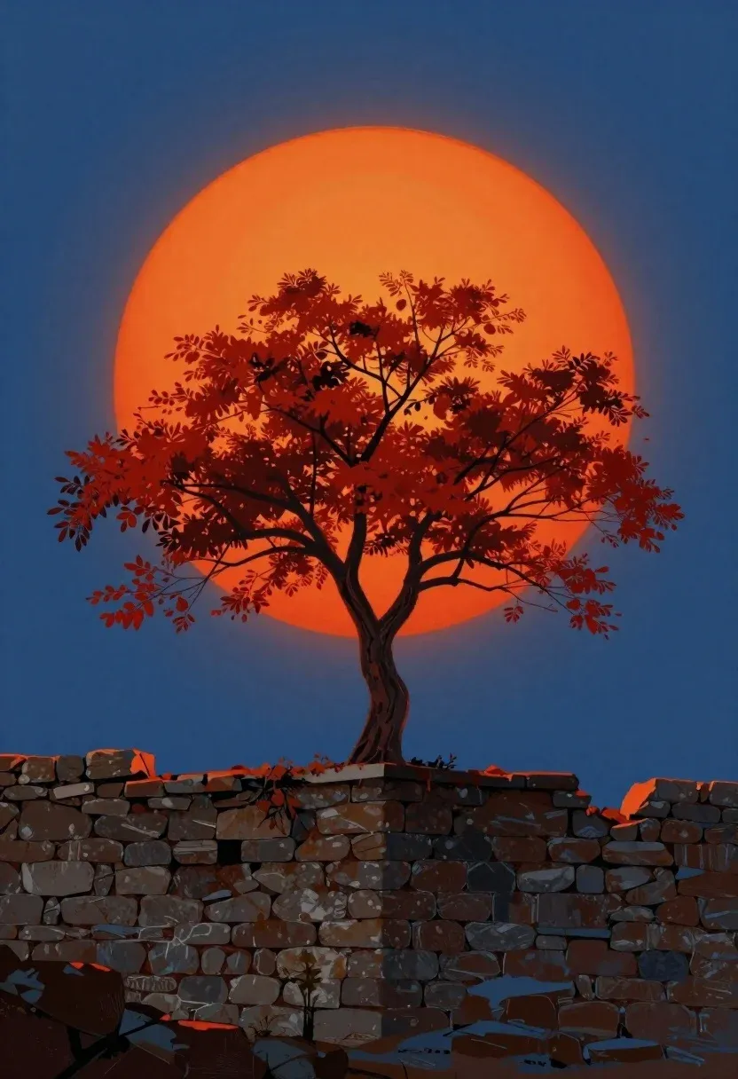 Surreal Digital Painting Single Tree With Vibrant Red Leaves Standing