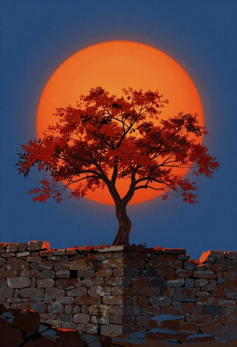 Surreal Digital Painting Single Tree With Vibrant Red Leaves Standing reference photo