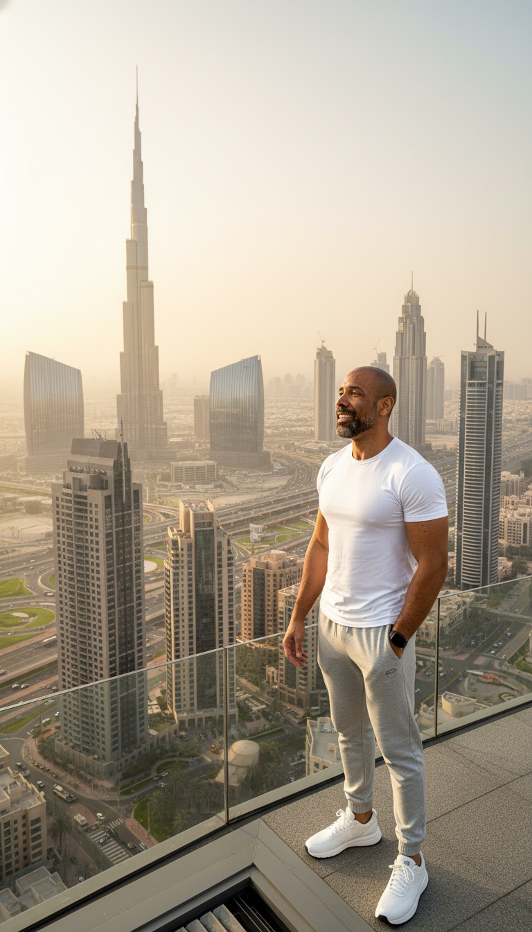 A 45-year-old Black man in a white t-shirt with a black watch stands on a tower overlooking the Dubai skyline under golden daylight.