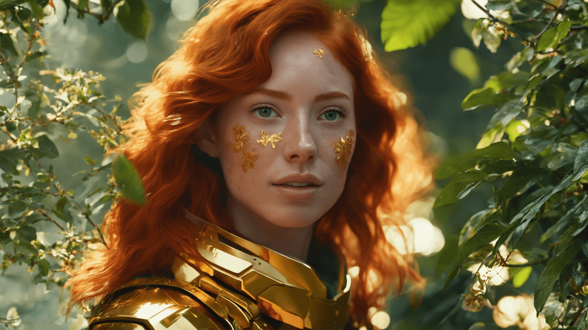 Gold Armor Face With Floral Gold Leaf And Green Foliage