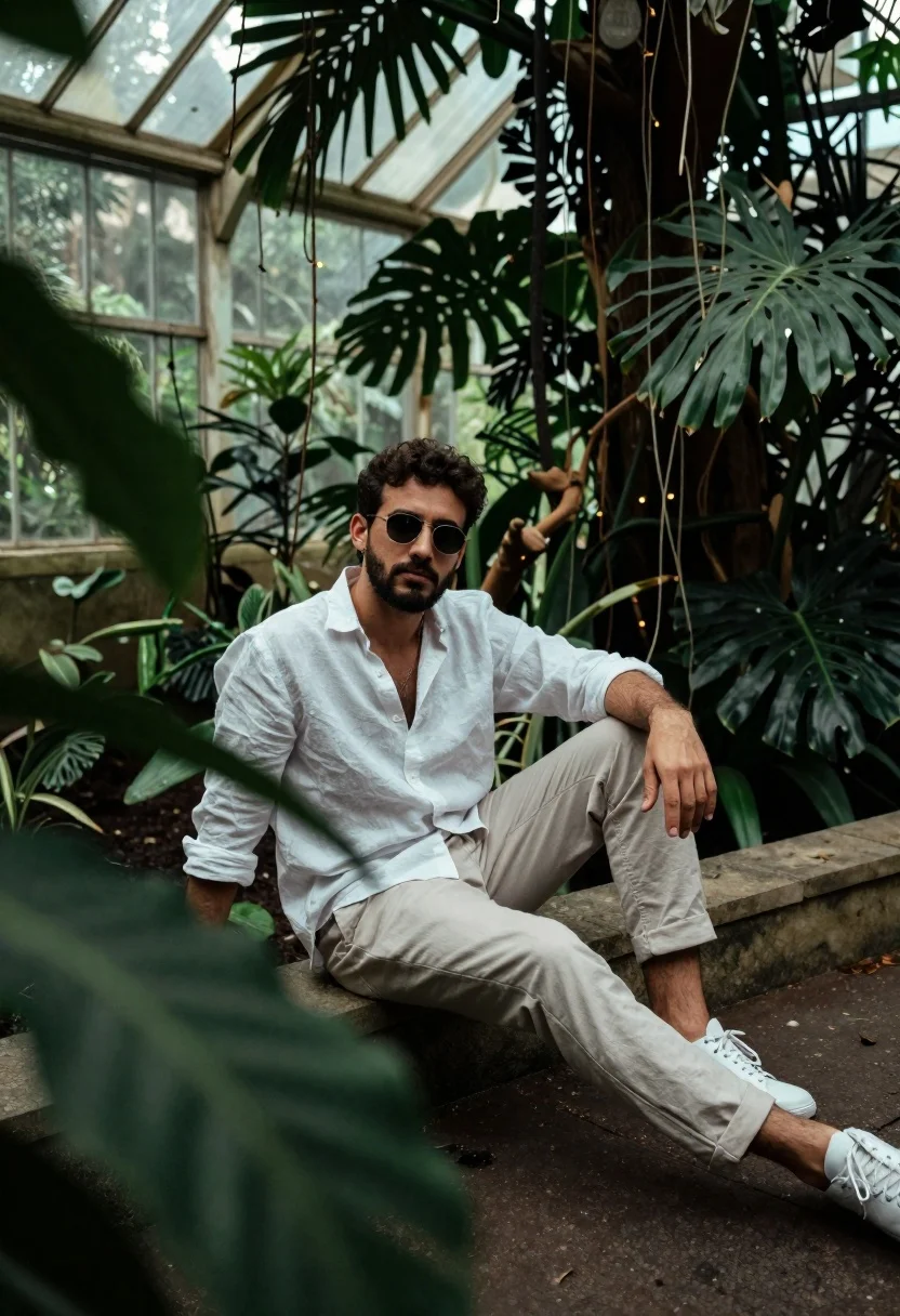 Man Sits Casually Stone Ledge Lush Greenhouse Surrounded Dense Tropical