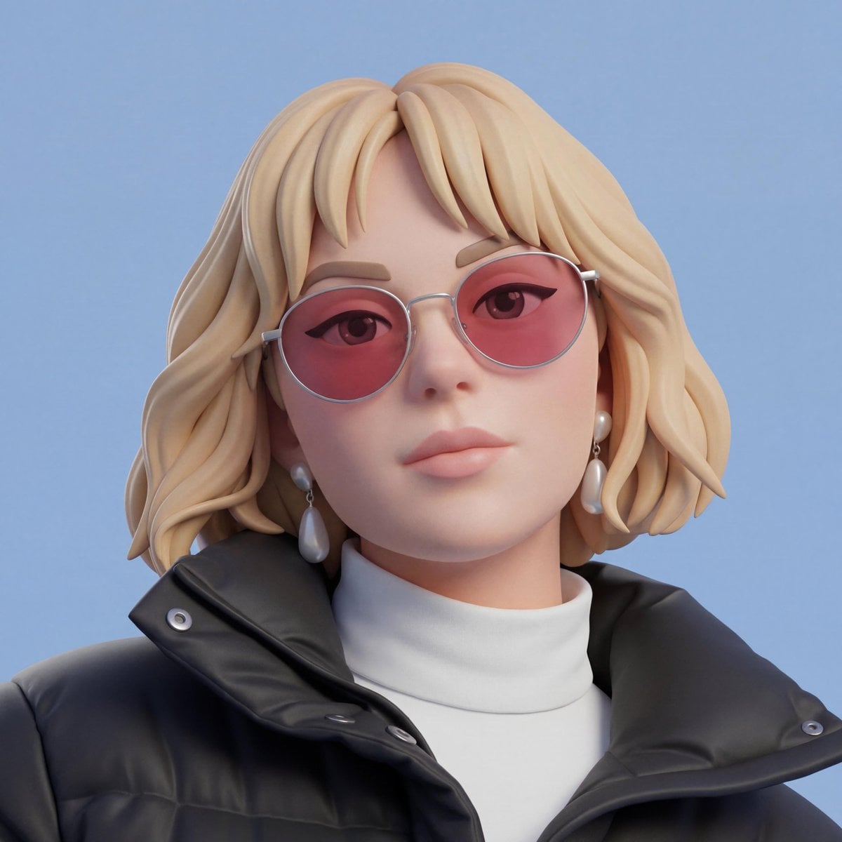 A stylized 3D character with soft features and minimal cartoon aesthetic inspired by Pixar, appearing smooth and vibrant against a solid background.