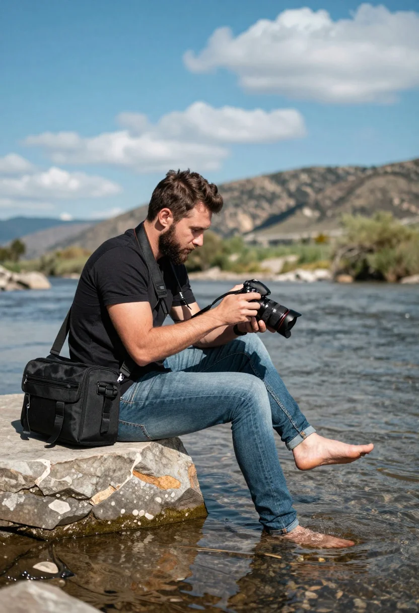 Man Sits Barefoot Stone Ledge The Edge River Holding Camera