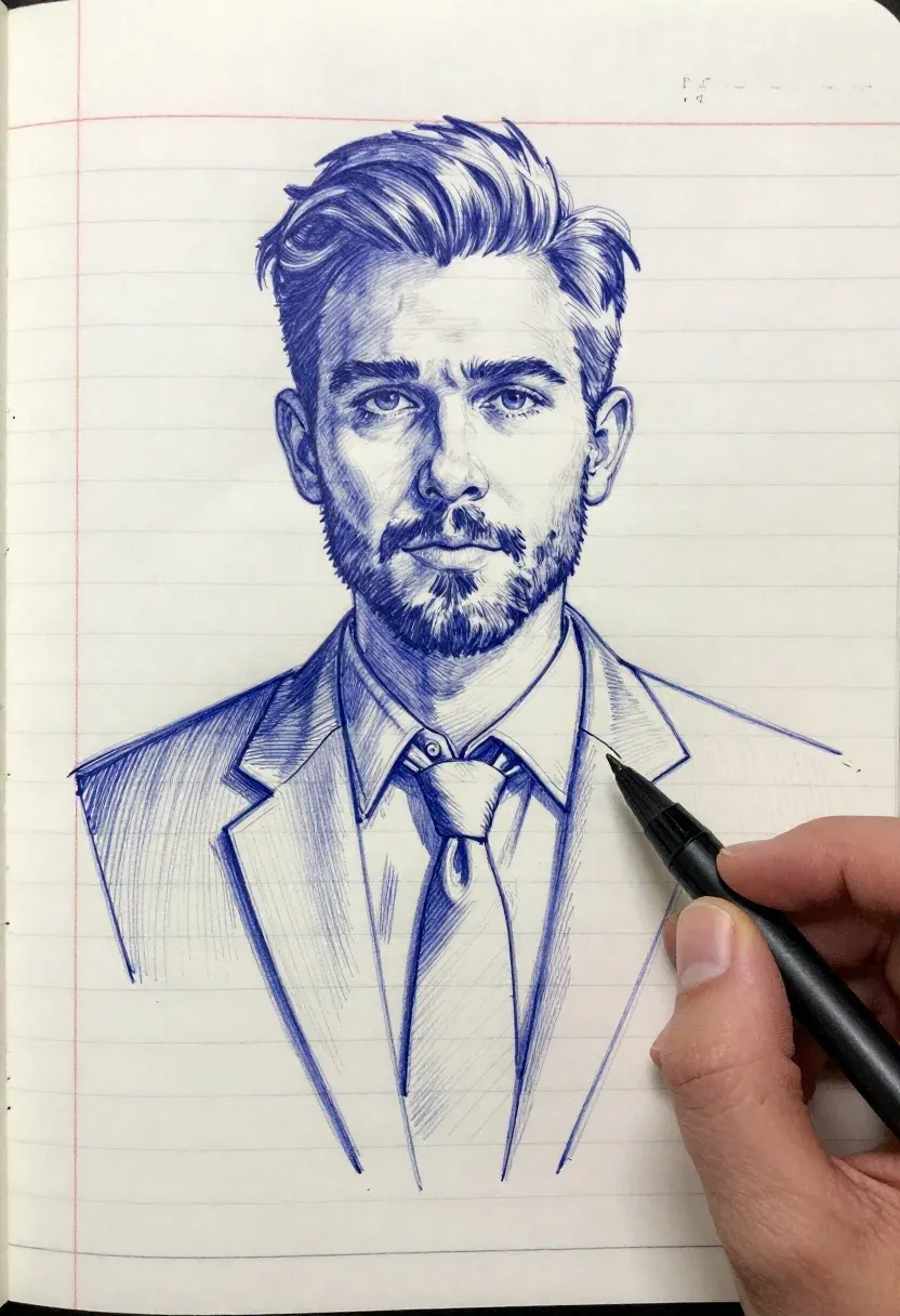 Blue Ink Pen And Paper Sketch Man Upper Body Lined