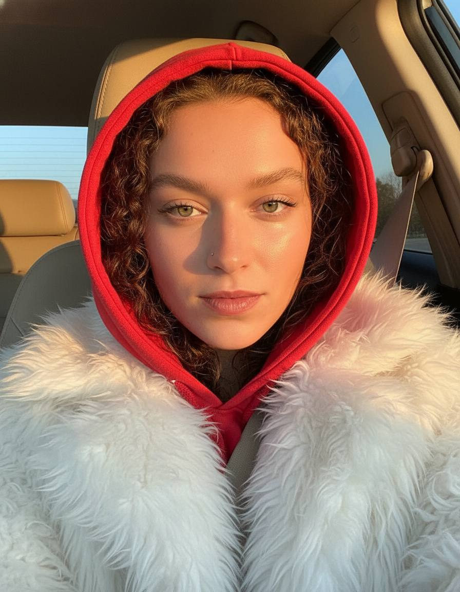 Close-up selfie of a person in a red hoodie and llama fur coat, glowing in golden hour light on a car seat.