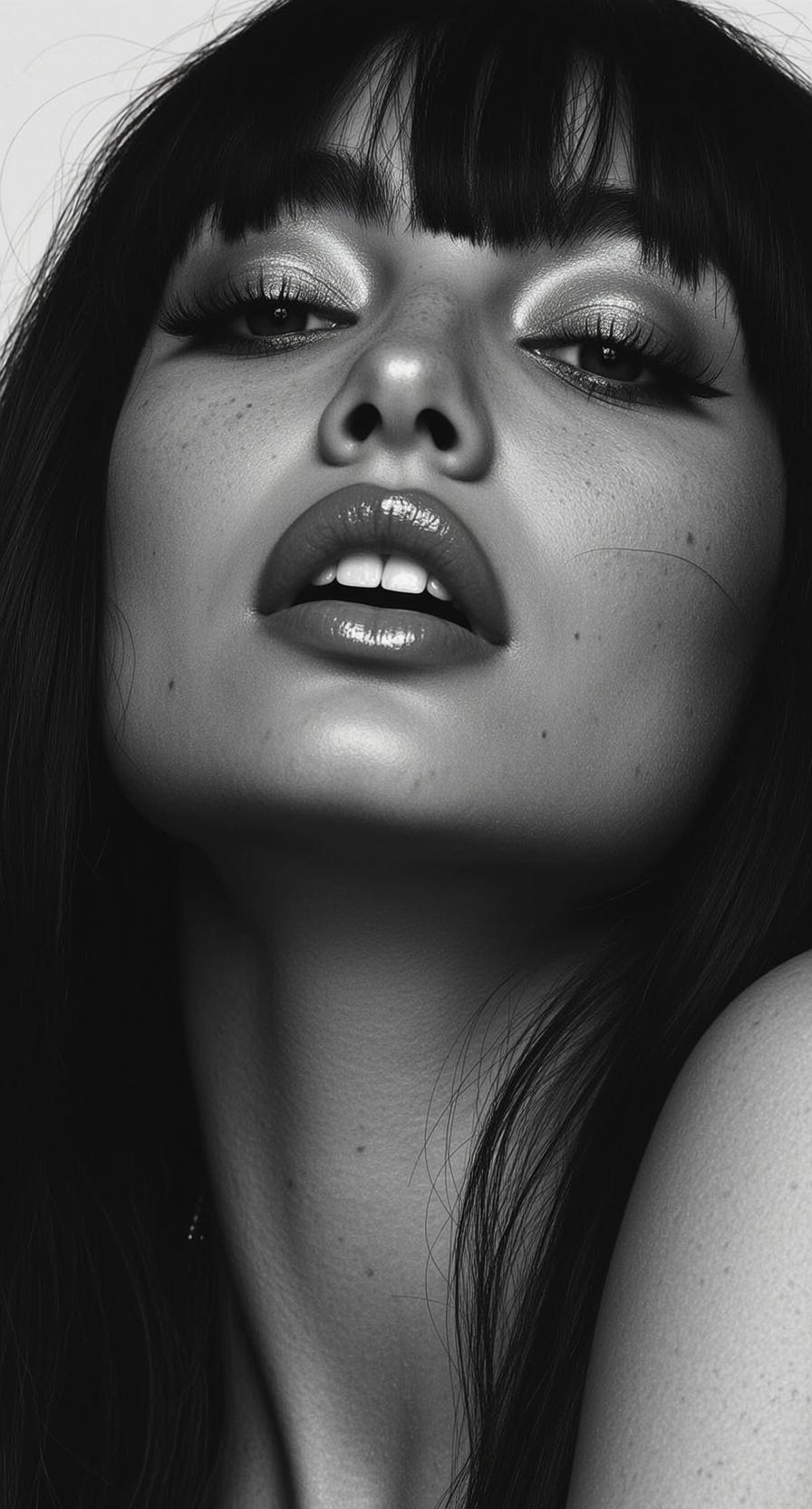 Close-up Low-angle Vertical Portrait Woman Face Focusing Her Lips And