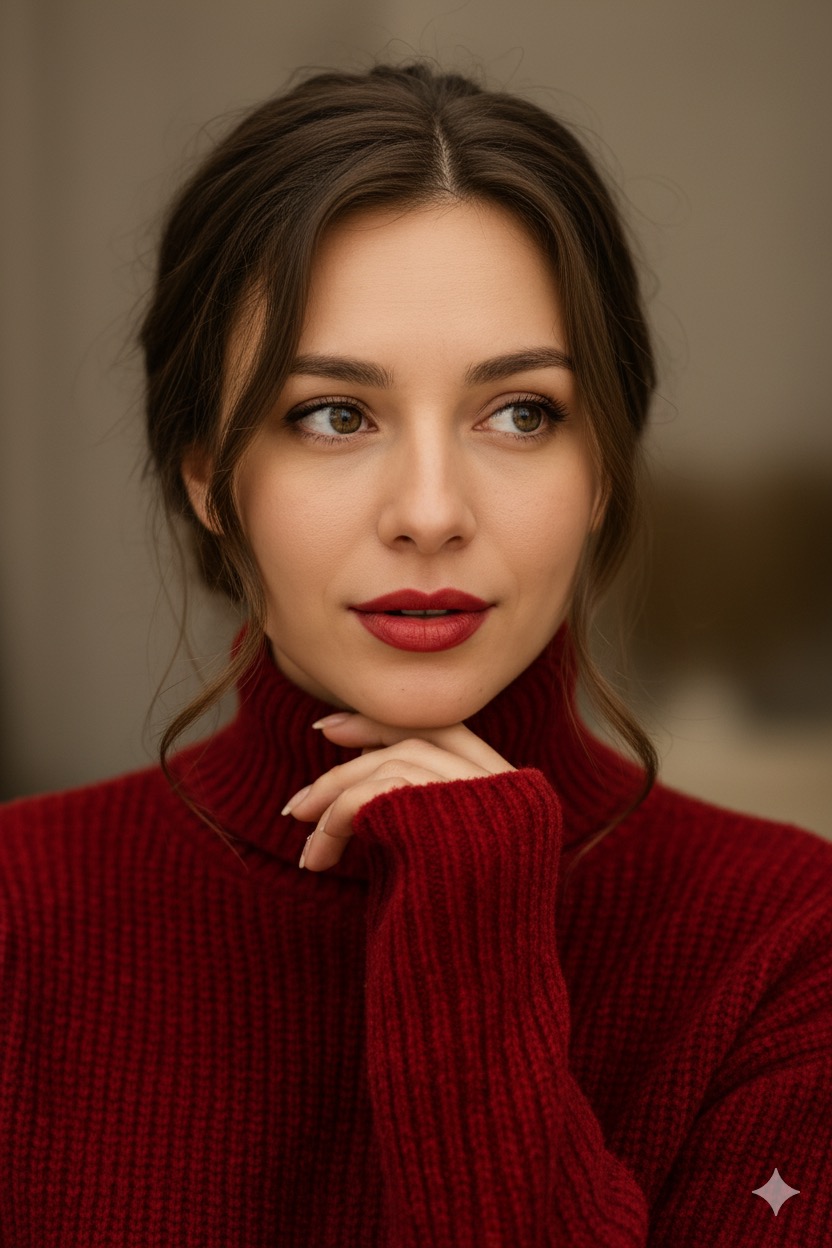 A woman in a red turtleneck sweater with relaxed eyelids, softly parted lips, and a gentle hand under her chin, captured in high-resolution.