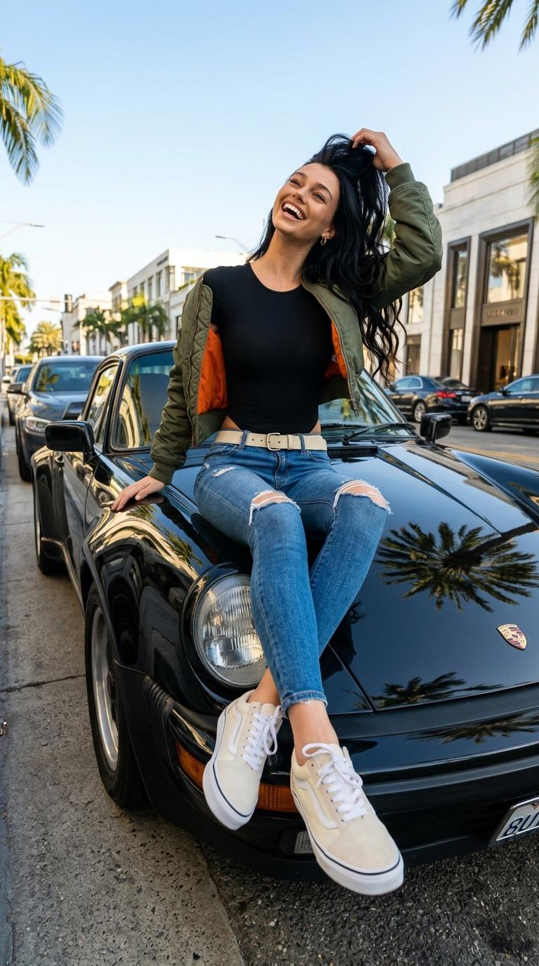 A young woman laughing while sitting on a black Porsche hood wearing a green bomber jacket and denim jeans.